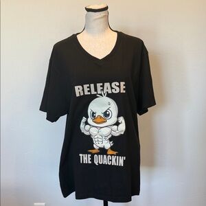 Women’s V-Neck T-shirt “Release The Quackin”, Muscle Graphic Shirt, NWOT